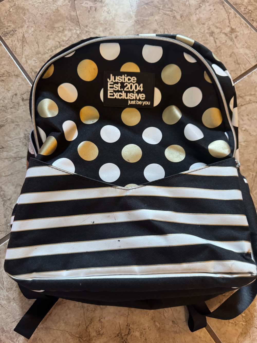 Justice Black Backpack with White & Gold Polka Dots and Stripes